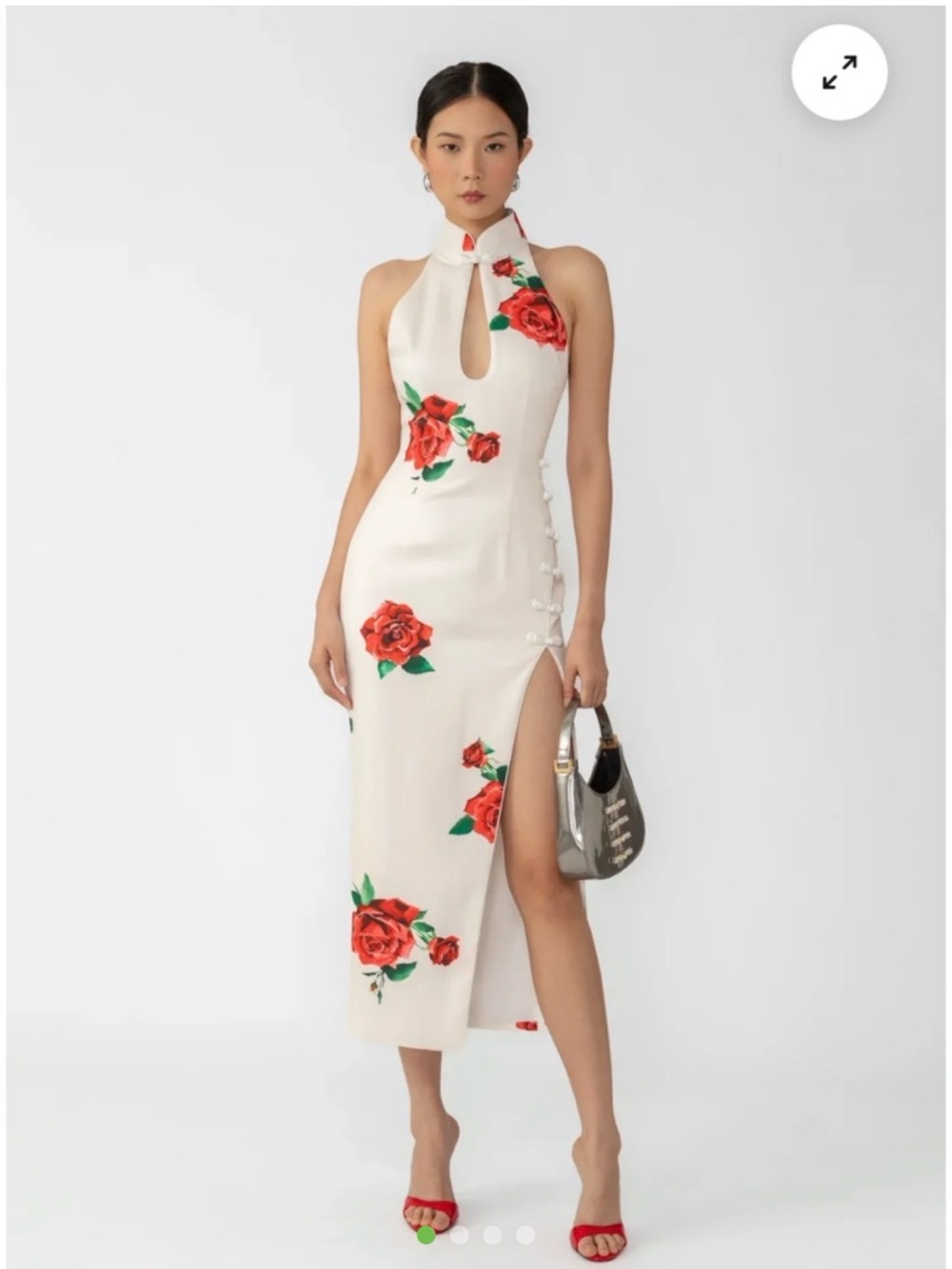 Sau Lee Ivory Halter Midi Dress with Red Rose Print and High Side Slit